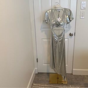 WeWoreWhat Liquid Foil Silver Asymmetrical Cutout Dress NWT XS Metallic Maxi